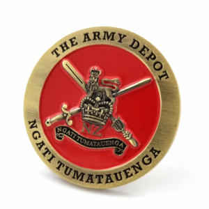 The Army Depot Challenge Coin – 45mm, Antique Gold Finish, Two Colour Enamel
