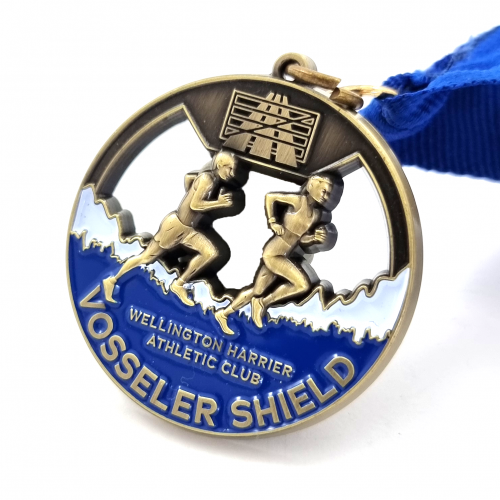 Wellington Harrier Athletic Club Vossler Shield Race Medal – 45mm, Antique Gold Finish, Four Colour Enamel, V-neck Ribbon