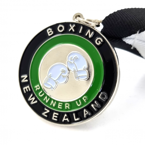 Boxing New Zealand Runner Up Medal – 40mm, Double Gold Finish, Three Colour Enamel, V-neck Ribbon