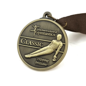 Christchurch School of Gymnastics Mens Gold Medal 2022 – 58mm, Antique Brass Finish, V-neck Ribbon