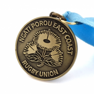 Ngati Porou East Coast Rugby Football Union Medal – 40mm, Antique Brass Finish, V-neck Ribbon