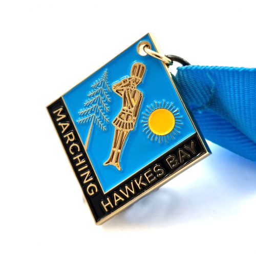 Marching Hawkes Bay Medal – 45mm, Gold Finish, Three Colour Enamel, Jump Ring
