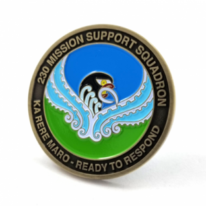New Zealand Defence Force 230 Mission Support Squadron Coin – 45mm, Antique Brass Finish, 5+ Colour Enamel
