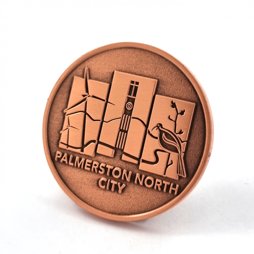 Palmerston North City COuncil Coin – 40mm, Antique Copper Finish, No Colour Enamel