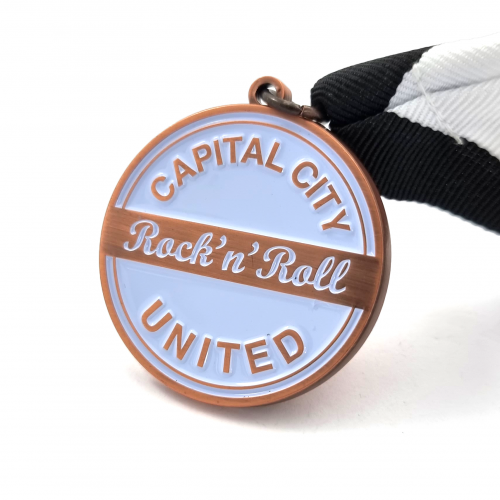 Capital City United Rock n Roll Championships Bronze Medal – 45mm, Antique Copper Finish, One Colour Enamel, V-neck Ribbon