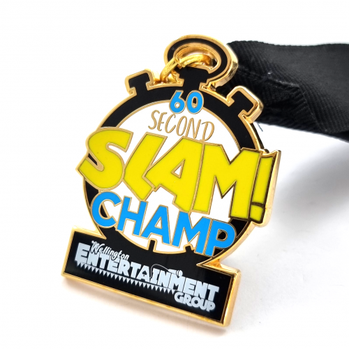 Wellington Entertainment Group 60 Second Slam Champ Medal – 50mm, Gold Finish, Four Colour Enamel, V-neck Ribbon