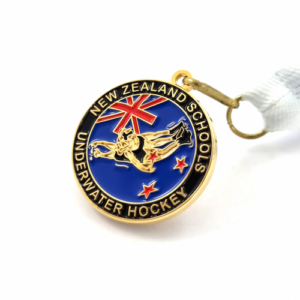 Underwater Hockey New Zealand Inc. Zone Schools Gold Medal – 37mm, Bright Gold Finish, Three Colour Enamel, V-neck Ribbon