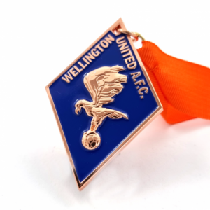 Wellington United Affiliated Football Club Medal – 70mm, Bright Copper Finish, One Colour Enamel, V-neck Ribbon