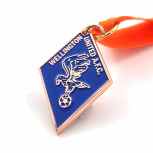 Wellington United Affiliated Football Club Medal – 70mm, Bright Copper Finish, One Colour Enamel, V-neck Ribbon