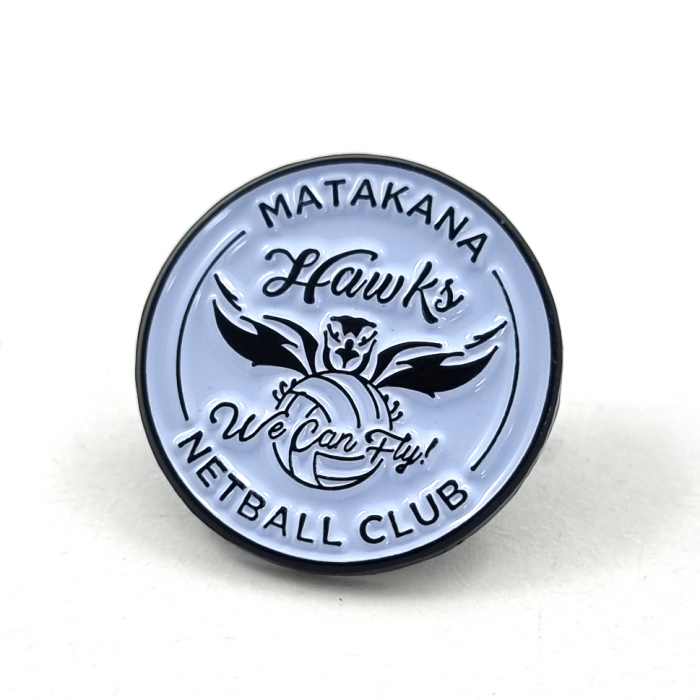 Matakana Hawks Netball Badge - 20mm, Black Dye Finish, One Colour Enamel, One Pin and Clutch