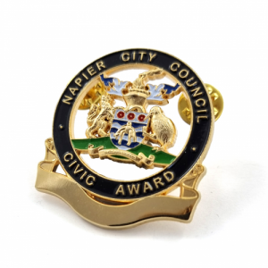 Napier City Council Civic Award Badge - 47mm, Double Gold Finish, 5+ Colour Enamel, Two Pins and Clutch