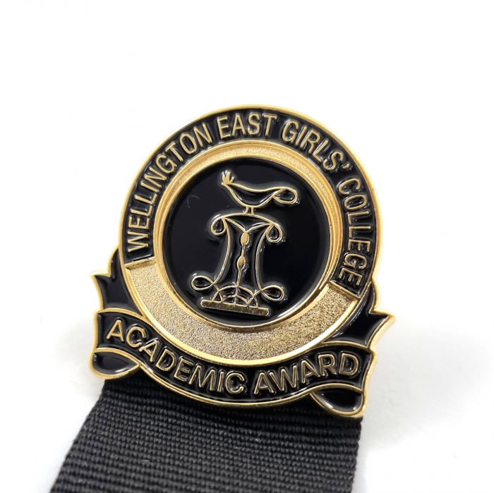 Wellington East Girls' College Academic Award Badge - 29.5mm, Double Gold Finish, One Colour Enamel, Brooch Fitting