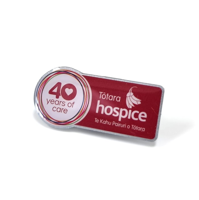 Totara Hospice 40 Years Badge - Bright Nickel Finish, Printed Resin Insert, Magnet Fastening