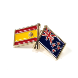 NZ and Spain Dual Flag Pin - 30mm, Gold Finish, Three Colour Enamel, One Pin and Clutch