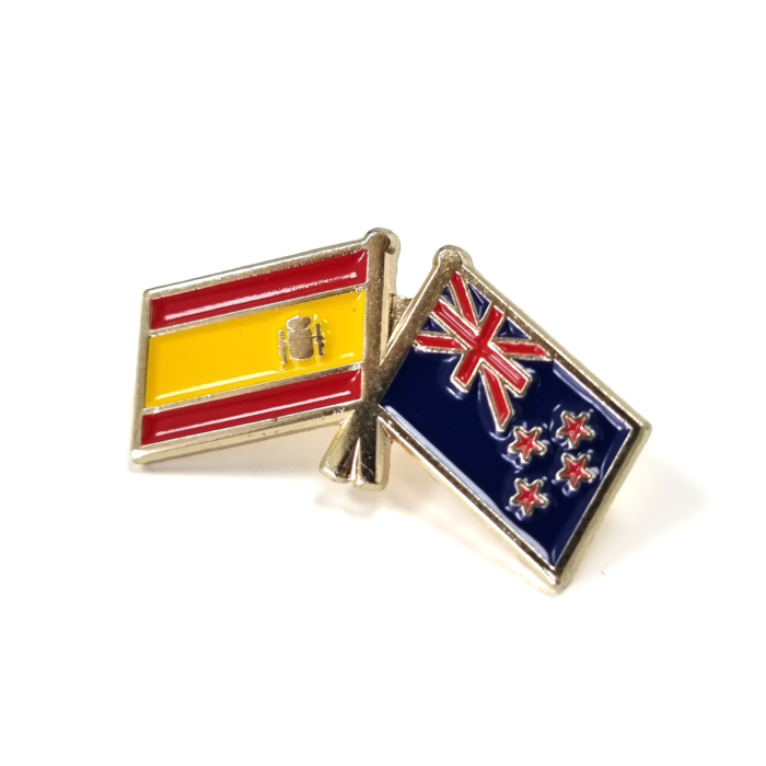 NZ and Spain Dual Flag Pin - 30mm, Gold Finish, Three Colour Enamel, One Pin and Clutch Fitting