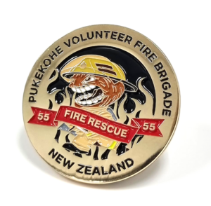 Pukekohe Volunteer Fire Brigade Coin - 45mm, Gold Finish, 5+ Colour Enamel