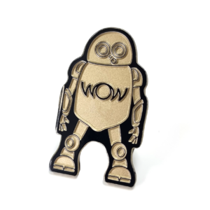 WOW Robot Pin - 45mm, Black Dye Finish with Gold Powder Spray, One Pin and Clutch Fitting