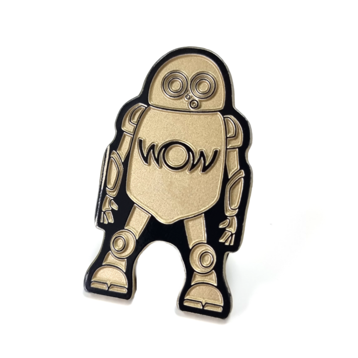WOW Robot Pin - 45mm, Black Dye Finish with Gold Powder Spray, One Pin and Clutch