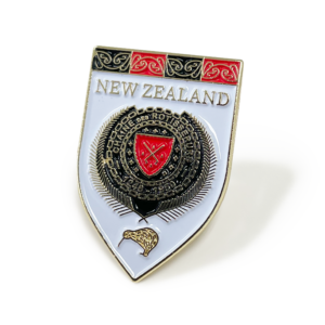 NZ Chaine des Rotisseurs Shield Badge - 31mm, Gold Finish, Three Colour Enamel, Brooch Fitting