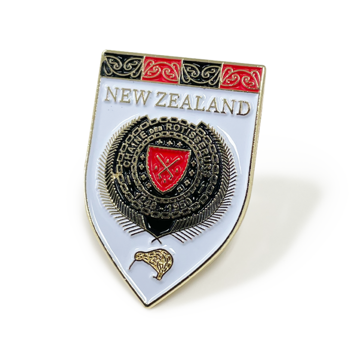 NZ Chaine des Rotisseurs Shield Badge - 31mm, Gold Finish, Three Colour Enamel, Brooch Fitting