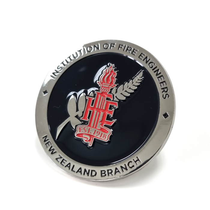 Institution of Fire Engineer Coin - 45mm, Bright Nickel Finish, Two Colour Enamel, No Fitting