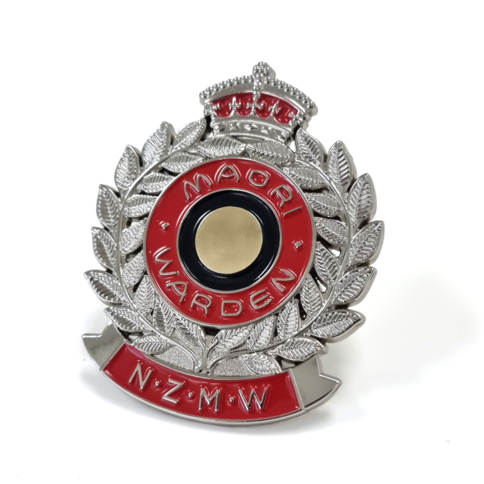 Māori Warden Hat Badge - 64mm, Bright Nickel Finish, Two Colour Enamel,  Two Screw Thread Fitting