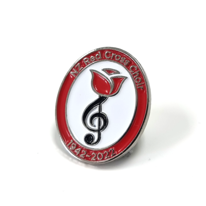 NZ Red Cross Rose Lapel Pin - 25mm, Bright Nickel Finish, Three Colour Enamel,  One Pin and Clutch Fitting