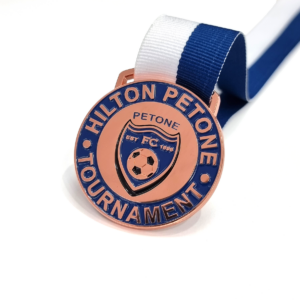 Petone FC Medal - 45mm, one Colour Enamel, Bright Copper Finish, 25mm Sewn Loop Ribbon
