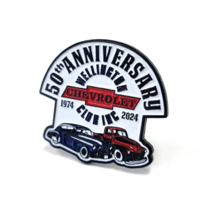 50th Anniversary Chevrolet Club Badge - 45mm, Three Colour Enamel, Black Dye Finish, 2 Pins and Clutch Fitting