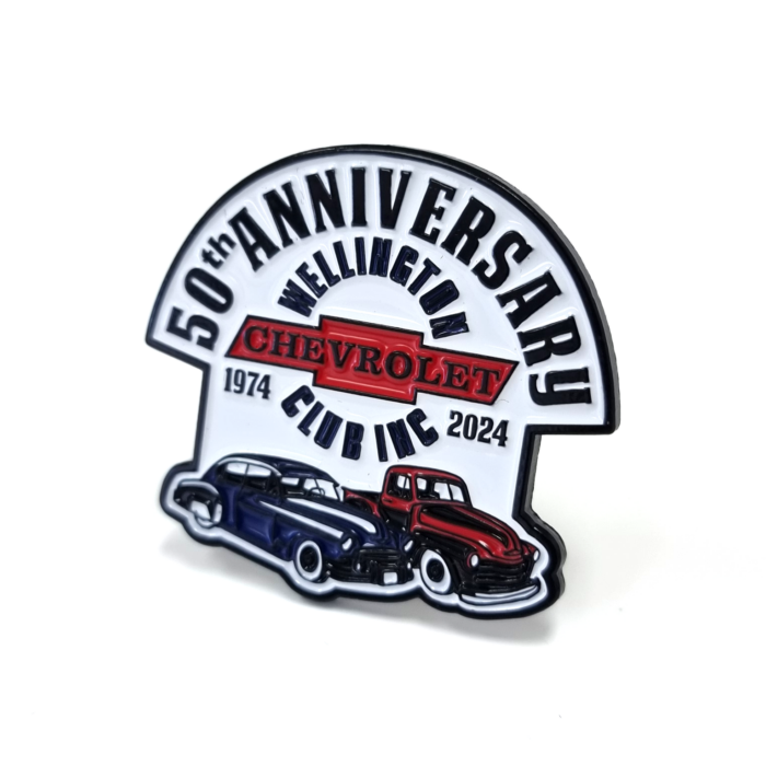 50th Anniversary Chevrolet Club Badge - 45mm, Three Colour Enamel, Black Dye Finish, 2 Pins and Clutch Fitting