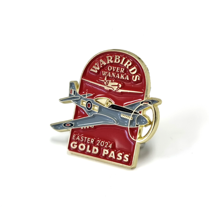 Warbirds Over Wanaka Pold Pass Pin - 30mm, Five Colour Enamel, Gold Finish, Brooch Fitting