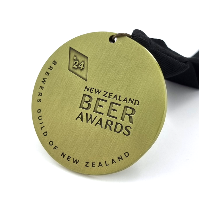 NZ Beer Awards Medal - 60mm, V-Neck Ribbon Fitting, No Colour Enamel Antique Gold Plated