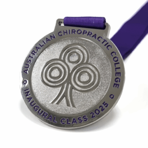 Australian Chiropractic College medal - 65mm, 1 Colour Enamel, V-Neck Ribbon Fitting, Bright Nickel Plated