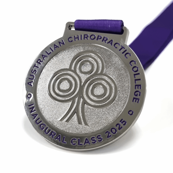 Australian Chiropractic College medal - 65mm, 1 Colour Enamel, V-Neck Ribbon Fitting, Bright Nickel Plated