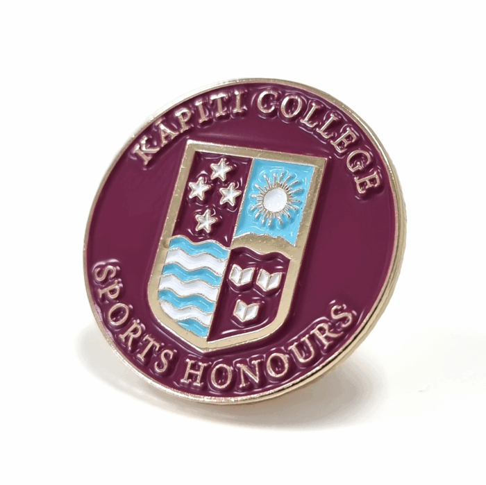 Kapiti College Sports Honours Badge - 30mm, 3 Colour Enamel, Brooch Fitting, Gold Plated