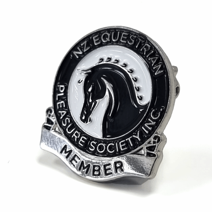 NZ Equestrian Pleasure Society Pin - 25mm, 1 Colour Enamel, Brooch Fitting, Bright Nickel Plated