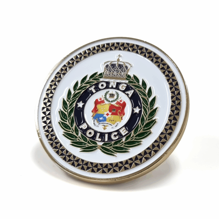 Tonga Police Coin - 45mm, 4 Colour Enamel, No Fitting, Gold Plated