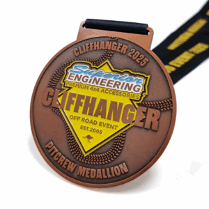 Cliffhanger off Road Event Medal - 90mm, 3 Colour Enamel, V-Neck Ribbon FItting, ANtique Copper Plated