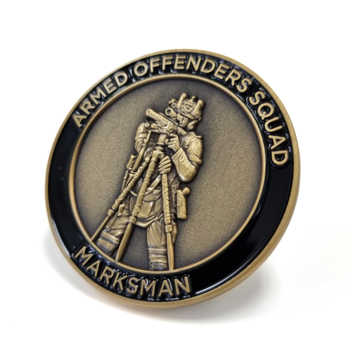 Marksman Challenge Coin - 45mm, 1 Colour Enamel, No FItting, Antique Brass Plated