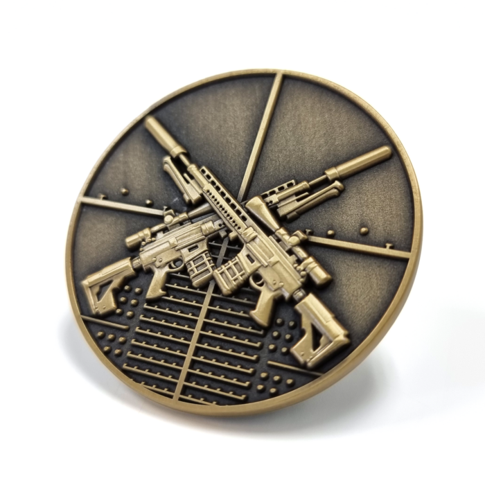 Marksman Challenge Coin - 45mm, 1 Colour Enamel, No FItting, Antique Brass Plated