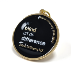 Blind Citizens NZ Keyring - 40mm, 1 Colour Enamel, 25mm Keyring Fitting, Gold Plated, UV Print