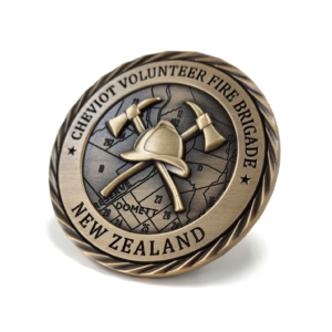 Cheviot Volunteer Fire Brigade Coin - 45mm, 1 Colour Enamel, No FItting, Antique Gold Plated