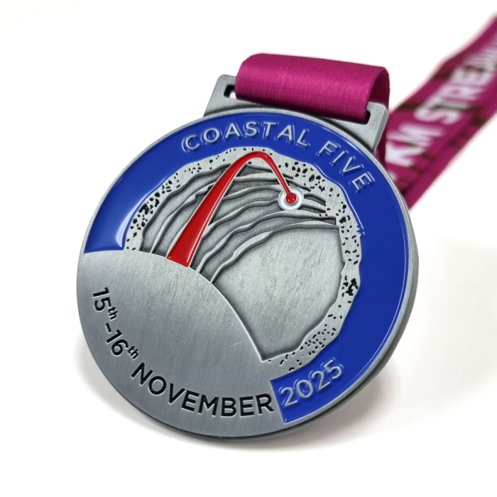 Coastal FIve Participant Medal - 60mm, 2 Colour Enamel, V-Neck Ribbon Fitting, Antique Nickel Plated