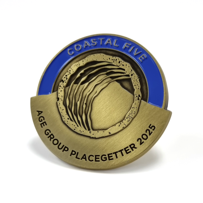 Coastal Five Placegetter Coin - 45mm, 1 Colour Enamel, No FItting, Antique Gold Plated