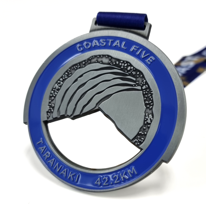 Costal FIve Marathon Medal - 82mm, 1 Colour Enamel, V-Neck Ribbon Fitting, Antique Nickel Plated