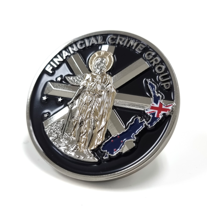 Financial Crime Group Coin - 45mm, 1 Colour Enamel, No FItting, Bright Nickel Plated 3D Design, UV Printed