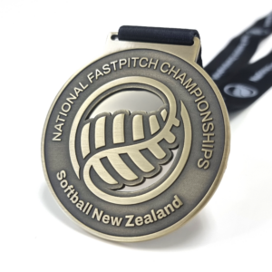 New Softball NZ National Fastpitch Championships medals - 78mm, No Colour Enamel, V-Neck Ribbon Fitting, Antique Brass Plated