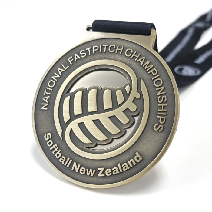 New Softball NZ National Fastpitch Championships medals - 78mm, No Colour Enamel, V-Neck Ribbon Fitting, Antique Brass Plated