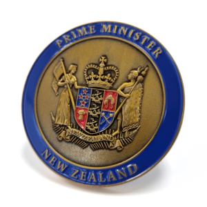 Prime Minister NZ Coin - 73mm, 2 Colour Enamel, No FItting, Antique Gold Plated