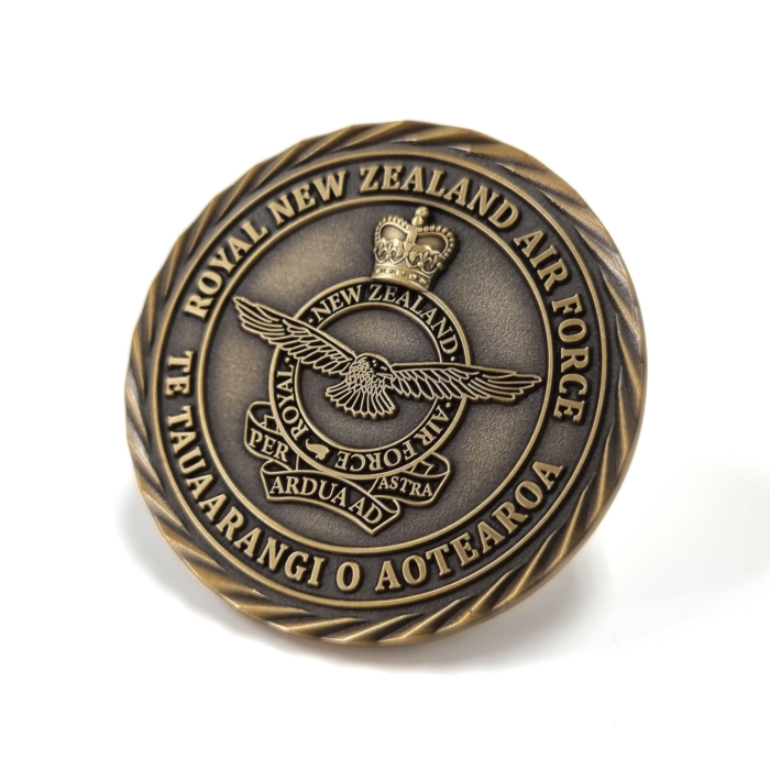 Royal NZ Air Force Coin - 45mm, No Colour Enamel, No Fitting, Antique Brass Plated